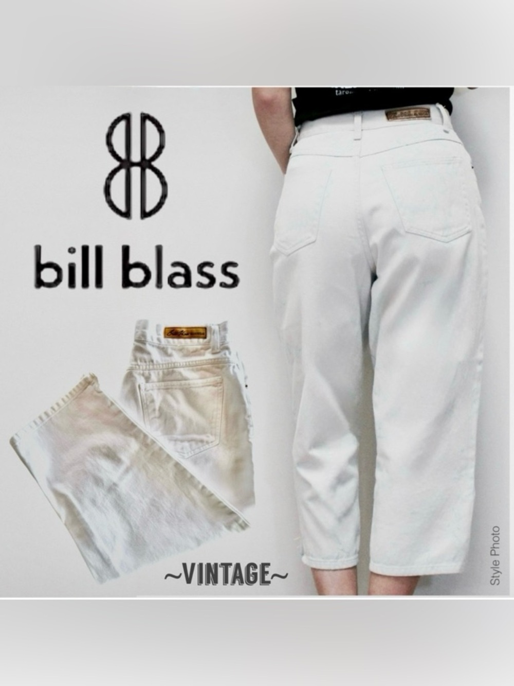 ‘90’s BILL BLASS Vintage High-Rise Easy Fit Denim Cropped Capris White (~28W)